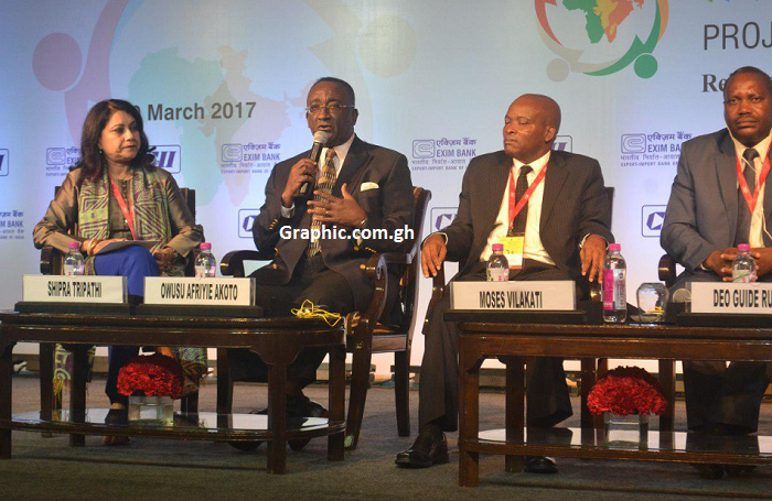  Dr Owusu Afriyie Akoto (with mic) making a presentation at the event. With him are the Agriculture ministers of Burundi and Swaziland and an official of India's External Affairs Ministry (left)